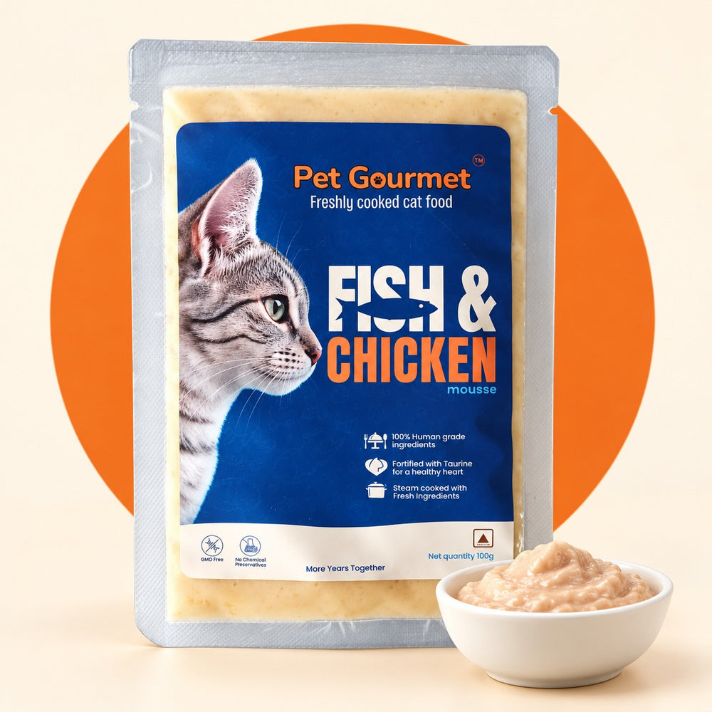 Pet Gourmet Fish & Chicken Mousse cat food pouch, 100g, with a bowl of mousse