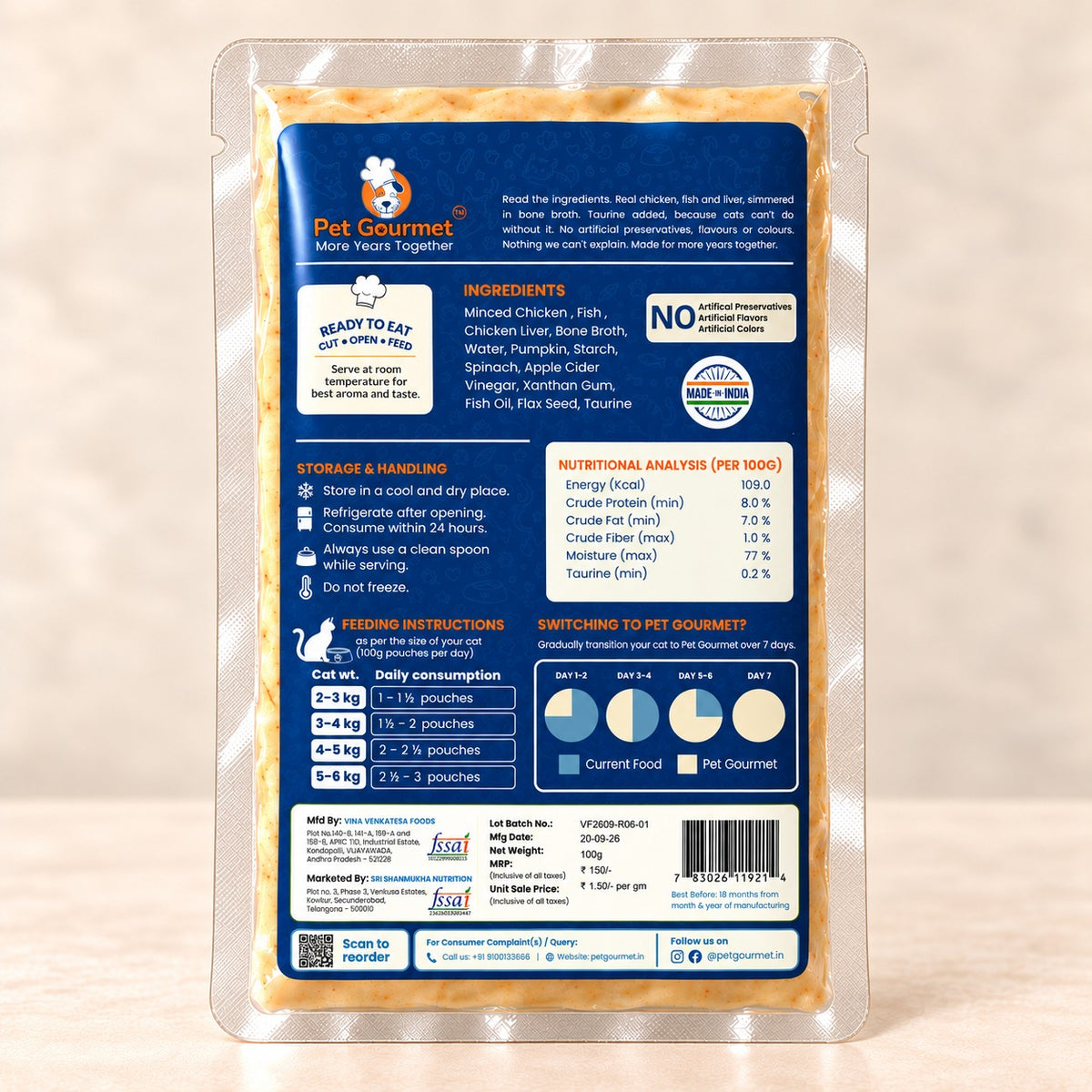 Back of the Pet Gourmet Fish & Chicken Mousse pouch showing ingredients, nutrition and feeding guide